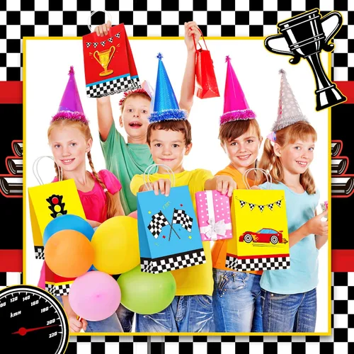 Miniatura 4 de Nezyo 24 bolsas de recuerdo de fiesta de auto de carreras, suministros de fiesta de cumpleaños, bolsas de regalo con asas para bandera a cuadros