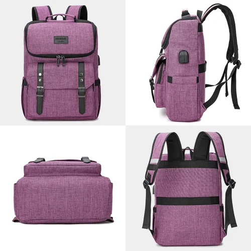 Miniatura 6 de Mochila vintage para laptop con puerto de carga USB para mujeres y hombres, Púrpura, 15,6 pulg.