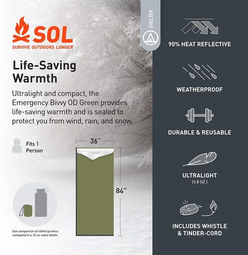 Miniatura 8 de Survive Outdoors Longer Bivvy de Emergencia 90% - Viene con Silbato de Supervivencia y Cordón Paracord con Yesca - Agregar al Kit de Emergencia