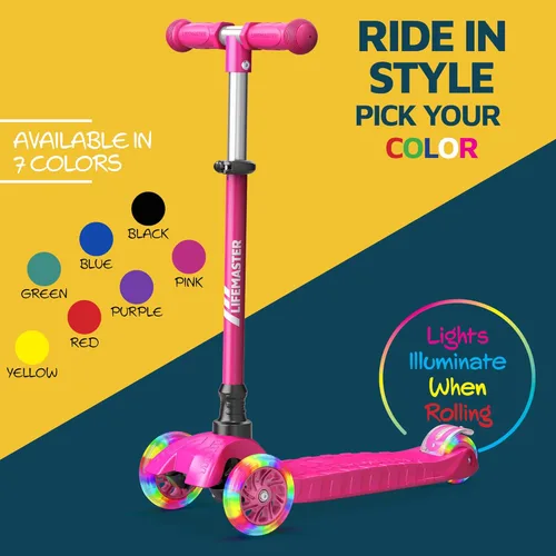 Miniatura 8 de Lifemaster Mini 3-Wheel Kids Scooter with Multi-Color Wheel Lights – 4-Height Adjustable Handlebar, Wide Anti-Slip Deck, Child Safety Certified, Rosa