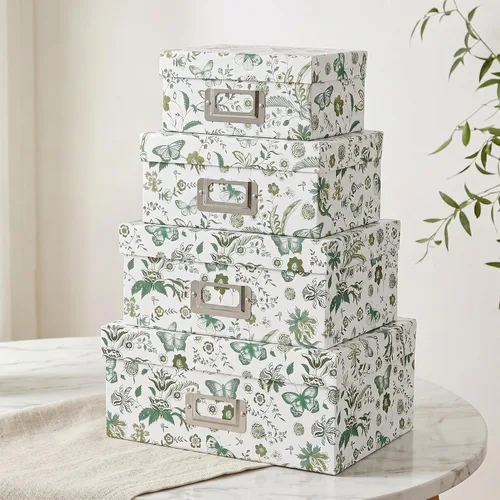 Miniatura 7 de Briful Juego de 2 cajas de almacenamiento de porcelana azul y blanca con tapas, elegantes cubos organizadores de anidación floral, juego de cajas
