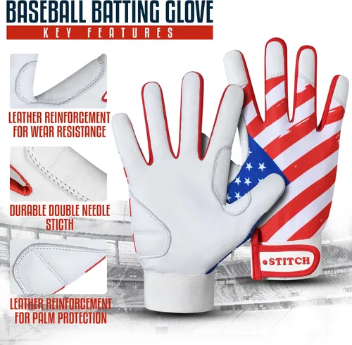 Miniatura 3 de Guantes de bateo Dot Stitch - Guantes de béisbol y sóftbol con bandera americana y bandera de EE. UU. para jóvenes, adultos y unisex Bandera