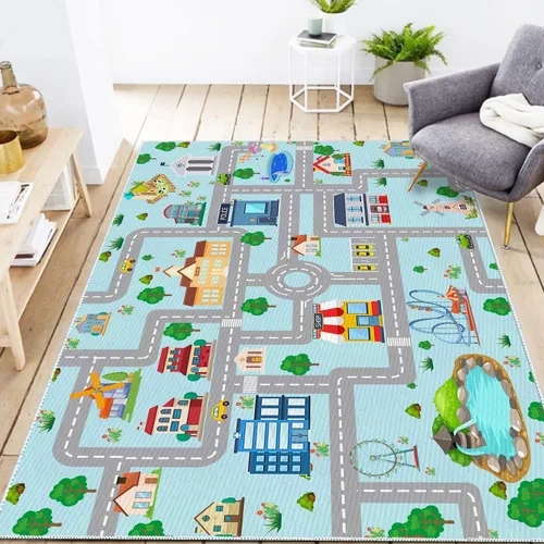Alfombra de coche para niños, 2 pies 7 pulgadas x 4 pies, alfombra de juego para trenes de autos de juguete, alfombra antideslizante para pista de