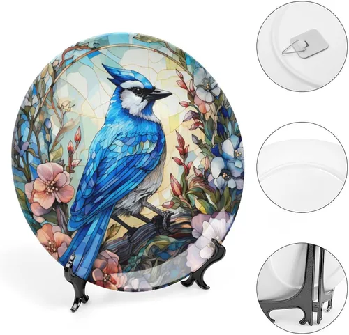 Miniatura 4 de Platos decorativos, pájaro azul y flores, pintura de vitrales, plato de cena de cerámica para el hogar con soporte de exhibición, decoración