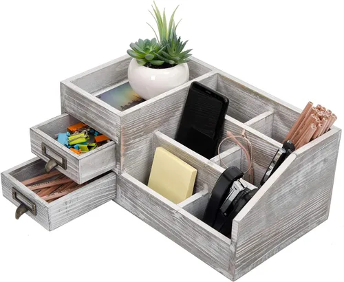 Organizador de escritorio de oficina de madera rústica envejecida, estante de madera, organizador de mesa para el hogar, almacenamiento con Gris