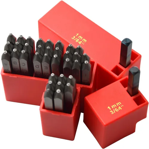 Miniatura 46 de Juego de 27 sellos de acero resistente con letras mayúsculas de 3/64" 1mm, kit de punzones de alfabeto para estampado a mano de caracteres, código