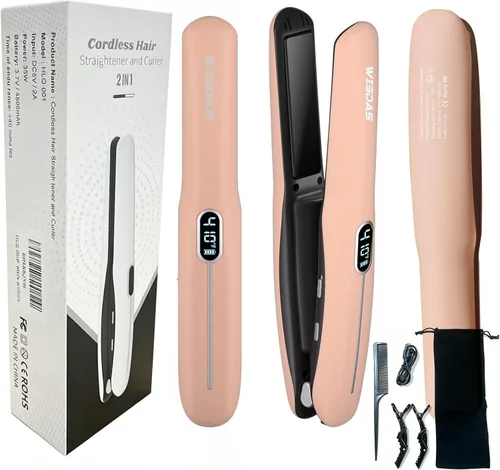 Miniatura 11 de Cepillo alisador de pelo inalámbrico, mini plancha plana recargable con control digital de temperatura (320-410°F), placas de titanio no dañadoras