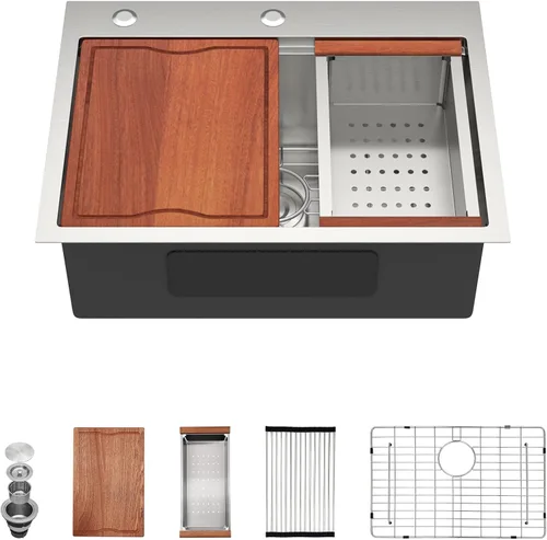 Miniatura 12 de Dcolora 33x22 Fregadero de cocina de acero inoxidable de 16 calibres, estación de trabajo de caída, fregadero de cuenco único grande, montaje
