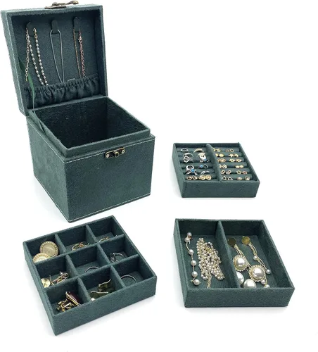 Miniatura 2 de Lemonadeus Organizador de joyas retro de terciopelo de 3 capas para mujeres y niñas pequeño joyero de viaje portátil aretes collares pulseras