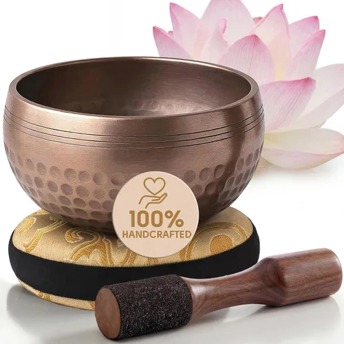 Juego de cuencos tibetanos – Auténtico diseño liso – Cuenco de sonido y cuenco de meditación con cojín, mazo y guía – Cuencos de sanación por sonido