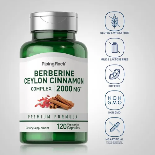 Miniatura 3 de Piping Rock Berberine HCI Ceylon Cinnamon Complex 120 cápsulas Suplemento de extracto de hierbas Fórmula vegetariana, sin OMG y sin gluten