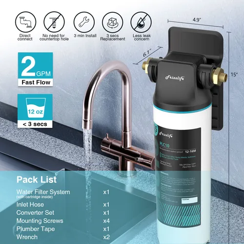 Miniatura 6 de Frizzlife SW10 - Sistema de filtro de agua para debajo del fregadero, certificado NSF/ANSI 53 y 42, reduce el 99,99% de plomo, cloro, mal sabor