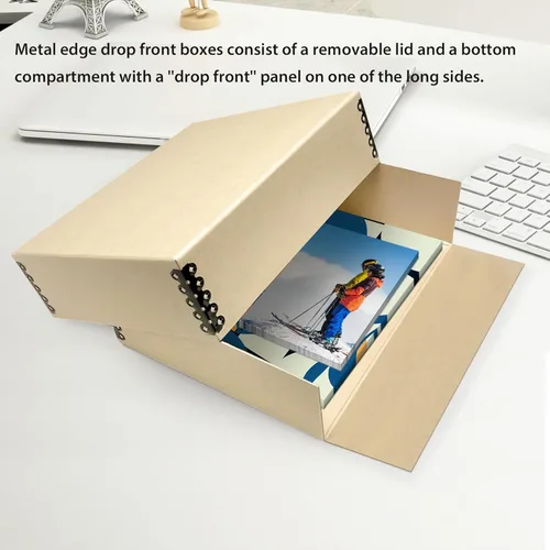 Miniatura 6 de Lineco, Caja de almacenamiento de museo de 9x12 pulgadas en color marrón, diseño frontal con caída. Sin ácidos con borde de metal. Preserva