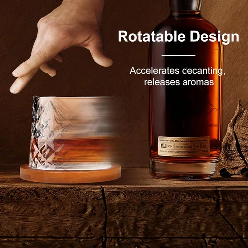 Miniatura 4 de Vaso de vidrio antiguo giratorio, 275ml/10oz de vidrio de whisky de cristal, posavasos de madera, engrosamiento, utilizado como vaso de ron, vaso