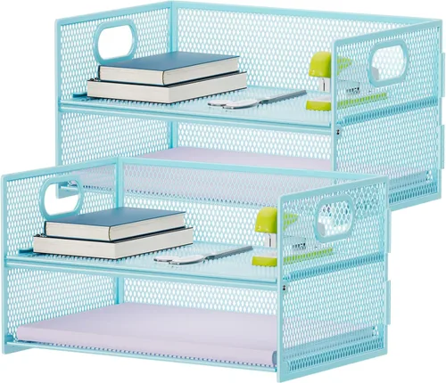 Miniatura 12 de Marbrasse Bandeja organizadora de papel de 2 niveles, organizador de archivos de malla con asa, organizador de escritorio clasificador de papel