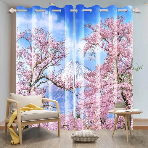 Miniatura 20 de Cortinas japonesas con pintura de tinta, monte Fuji, sol rojo, puesta de sol, hojas de bambú, cortinas de ventana para dormitorio, sala de estar