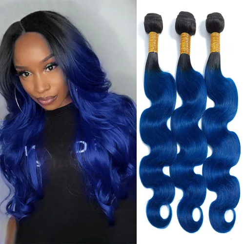 Paquetes de cabello humano ondulado azul de dos tonos de raíces negras a azules, paquetes de cabello humano brasileño 1B/azul, paquetes de cabello
