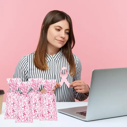 Miniatura 4 de Whaline 150 bolsas de regalo de celofán para concientización sobre el cáncer de mama con 200 lazos torcidos, bolsas de regalo de cinta rosa, bolsas