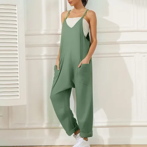 Miniatura 4 de Hugncmy Womens Casual Summer Jumpsuit Sleeveless Loose Solid Color Comfortable Strap Loose Jumpsuit Formal Rompers for