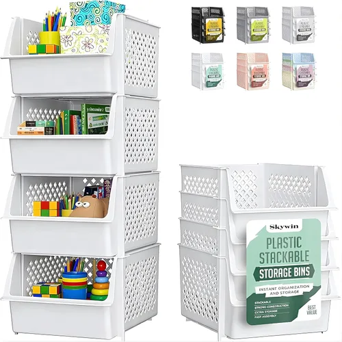 Miniatura 10 de Skywin TidyFriend - Recipientes apilables de plástico grandes para despensa, paquete de 3 contenedores apilables para organizar artículos esenciales