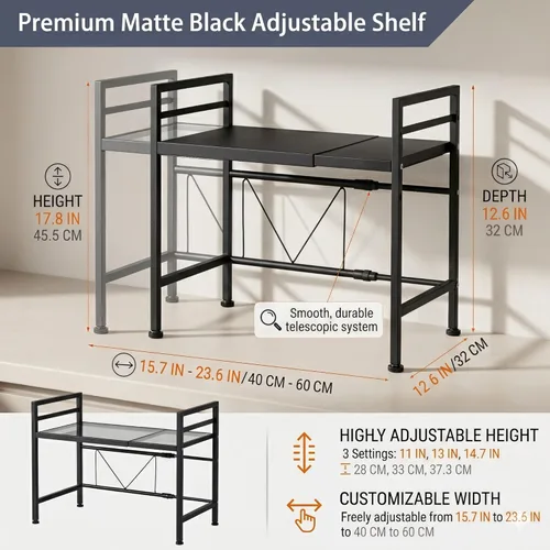 Miniatura 4 de PUSDON Estante para horno microondas negro texturizado, organizador de encimera de cocina expandible de 2 niveles, soporte de acero al carbono