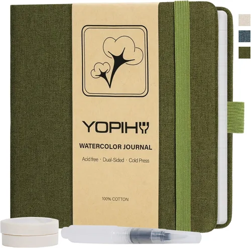 Yopih Cuaderno de bocetos de acuarela de lino premium para artistas, 5.5" x 5.5" Cuaderno de acuarela con papel de algodón prensado en frío de Verde