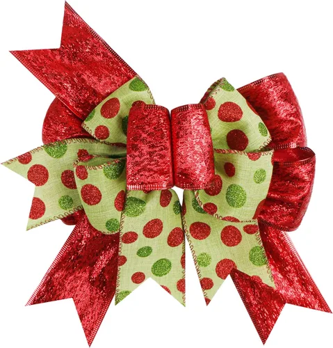 Miniatura 12 de SIMISI RIBBON Lazo de Navidad Verde Rojo con Puntos, Lazo Rústico de Arpillera para Corona, Árbol de Navidad, Decoración de Fiestas (24.1 x 33 cm)