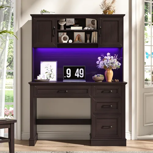 Miniatura 16 de Escritorio ejecutivo de granja de 67 pulgadas de alto con gabinete, mesa de oficina con luz LED y 4 cajones, escritorio para computadora