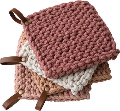 Miniatura 2 de Soporte cuadrado de algodón de color sólido de 8 pulgadas con mango de lazo de cuero para cocinar, multicolor, juego de 4 Rosa/Melocotón/Crema