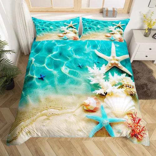 Miniatura 8 de Erosebridal Hawaii - Juego de funda de edredón de playa individual, color azul océano, funda de edredón de tablones de madera rústica, funda