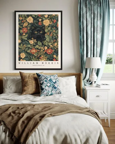 Miniatura 5 de Póster con impresión artística de gato negro, estilo William Morris, floral retro de mediados de siglo, botánico, victoriano, Academia oscura