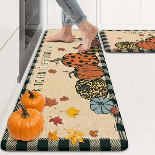 Miniatura 13 de KIMODE Tapetes Antifatiga para Piso de Cocina 17"x47"+17"x29", Juego de 2 Alfombras de Cocina a Cuadros Marrón y Blanco, Tapete de Cocina