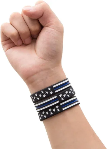 Miniatura 5 de Sainstone Pulsera de policía con bandera estadounidense de línea azul fina, juego de pulseras de goma de silicona Blue Lives Matter, apoyo a