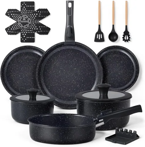 Miniatura 11 de Ammeloo Juego de utensilios de cocina de cerámica acanalada de 15 piezas, juego de ollas y sartenes antiadherentes, listo para inducción, juego