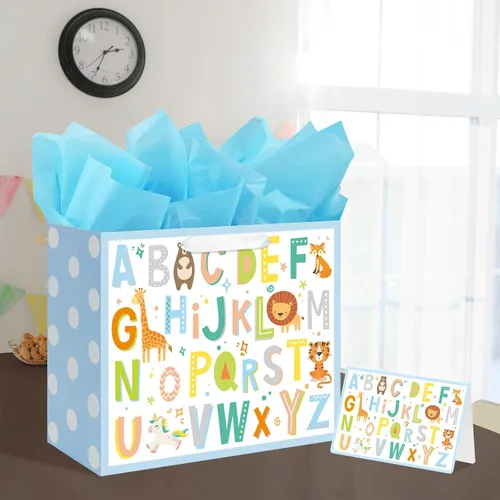 Miniatura 5 de Laidans Bolsa de regalo grande de 13 pulgadas para baby shower, cumpleaños con papel de seda y tarjeta de felicitación