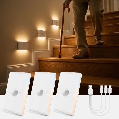 Miniatura 10 de wowatt Luz de escalera recargable con sensor de movimiento, luces de noche blancas con montaje magnético, luces de escalera regulables para Blanco