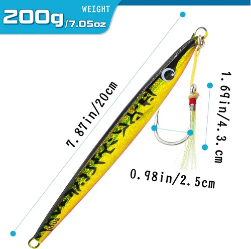 Miniatura 2 de Plantillas de pesca verticales de agua salada de 6.35 a 7.05 onzas, cuchara de metal de jigging lento, señuelos de pesca con ganchos de asistencia