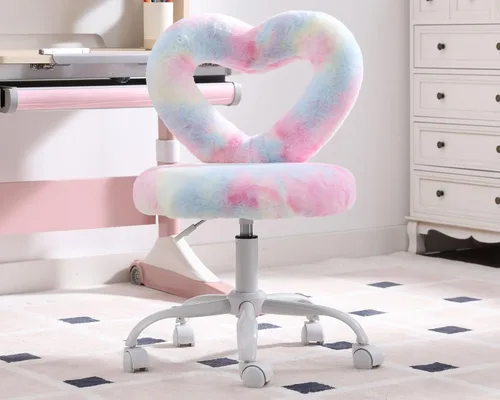 Miniatura 6 de HNY Silla de escritorio para niños con ruedas, bonita silla de tocador peluda con respaldo hueco en forma de corazón ajustable con ruedas