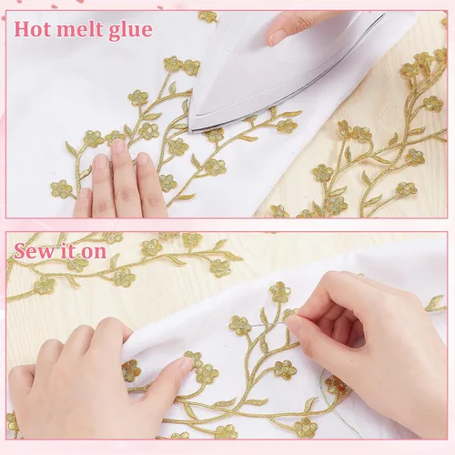 Miniatura 3 de CRASPIRE 2 piezas de apliques de flores de flores doradas ciruelas bordadas florales vestidos de tela de encaje, accesorios para reparación