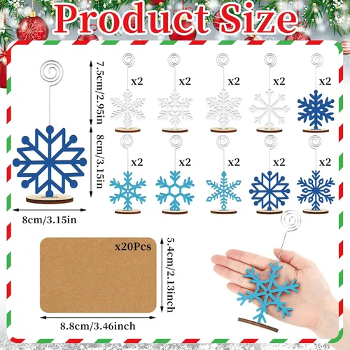 Miniatura 2 de Funnymoom - 20 unidades de soportes de madera para tarjetas navideñas con diseño de copo de nieve azul y blanco, y 20 tarjetas Kraft para nombres