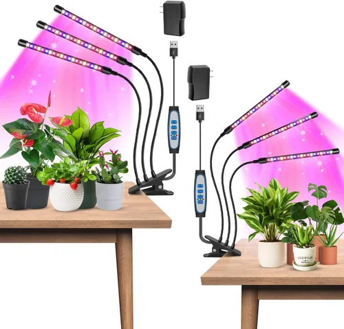 Garpsen - Luz LED de cultivo, 2 piezas, 3 cabezales, luz de clip de espectro completo para plantas de interior, 120 luces LED, con 3 modos de