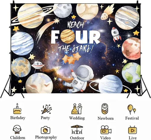 Miniatura 5 de Reach Four The Stars Space - Fondo de cumpleaños para niños, fiesta de 4º cumpleaños, temática de astronauta, decoración de fiesta de cumpleaños
