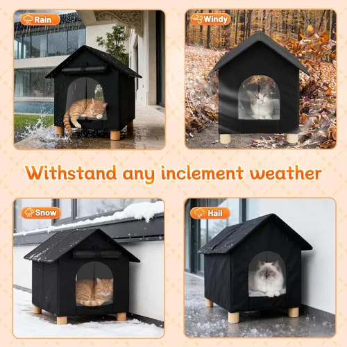 Miniatura 5 de FHTONGE Casa elevada para gatos al aire libre con alfombrilla lavable, refugio resistente a la intemperie para gatos con 2 salidas, perrera aislada