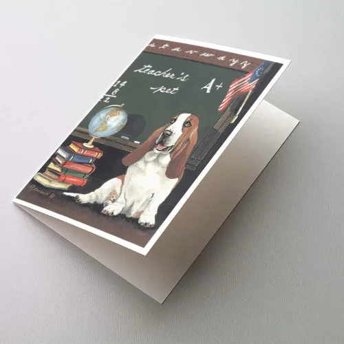 Caroline's Treasures PPP3013GCA7P - Tarjetas de felicitación y sobres para mascotas de Basset Hound Teacher, paquete de 8 tarjetas en blanco con