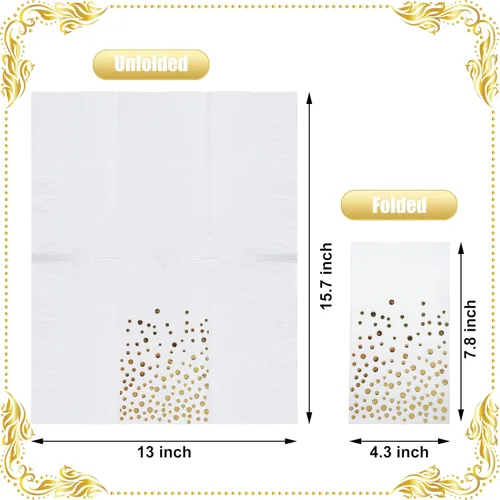 Miniatura 2 de Paquete de 120 servilletas de papel de aluminio dorado con lunares blancos y dorados, toallas de mano desechables metálicas para boda, baby shower