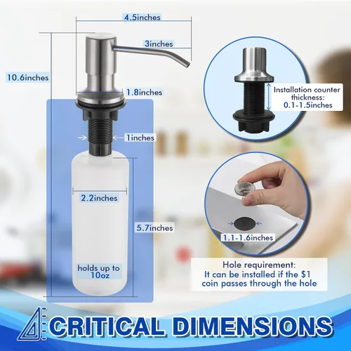 Miniatura 6 de Dispensador de jabón integrado para fregadero de cocina WEWE, acero inoxidable de níquel cepillado en dispensador de jabón de mostrador, recarga
