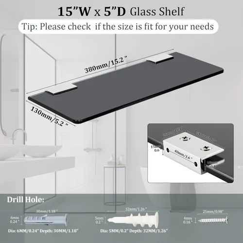 Miniatura 2 de SAYAYO Estantes flotantes de vidrio para baño, estante de vidrio templado para pared de 15 x 5 pulgadas, 1 unidad, color negro negro-1 pieza