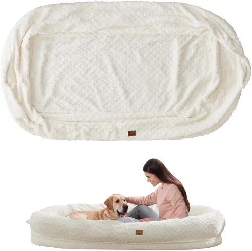Miniatura 23 de ChiXnuggle Cama humana para perros adultos – Cama gigante de piel sintética rayada de lujo para perros con asa portátil, almohadilla de espuma