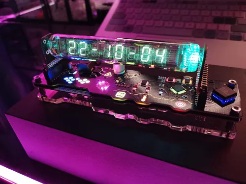 Miniatura 5 de Reloj de tubo de imitación Nixie Reloj de tubo fluorescente Cyberpunk Adornos IV18 Reloj de tubo fluorescente puede mostrar la fecha, hora, clima