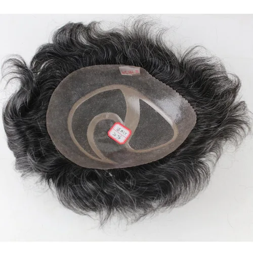 Miniatura 7 de Toupee para hombre 10 × 8 "cabello humano 1B mezcla 20% pelo sintético gris piel fina postizo sistema de reemplazo de pelo base de red monofilamento